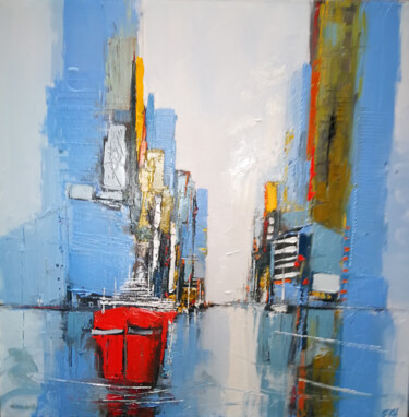 Painting titled "Cité portuaire 5" by Francis L'Huillier, Original Artwork, Oil Mounted on Wood Stretcher frame