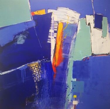 Painting titled "bleu sur la cote 9" by Francis L'Huillier, Original Artwork, Oil Mounted on Wood Stretcher frame