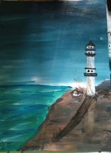Painting titled "Phare sur plage" by Francis Paquette, Original Artwork, Acrylic