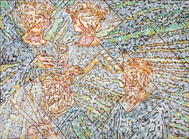 Peinture intitulée "Les quatre bienheur…" par Franck Fages, Œuvre d'art originale, Huile Monté sur Châssis en bois