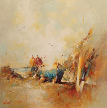 Painting titled "Retour de pêche" by Franck Hebert, Original Artwork, Oil