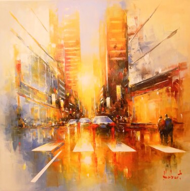 Painting titled "New York street" by Franck Hebert, Original Artwork, Oil Mounted on Wood Stretcher frame