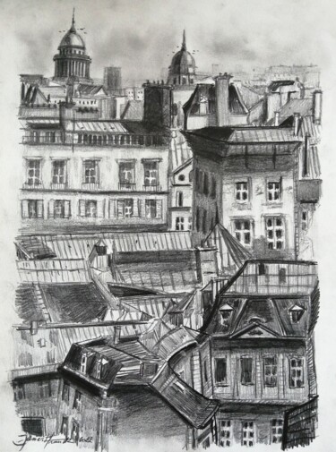 Dessin intitulée "Les toits de Paris" par Franck Jamart, Œuvre d'art originale, Crayon