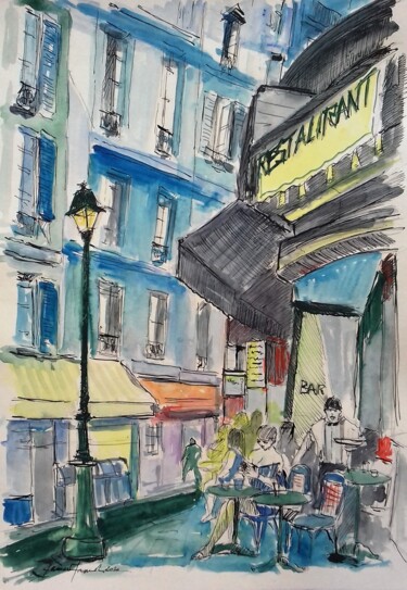 Painting titled "Pause café!" by Franck Jamart, Original Artwork, Watercolor