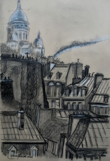 Dessin intitulée "Toits de Paris et l…" par Franck Jamart, Œuvre d'art originale, Crayon