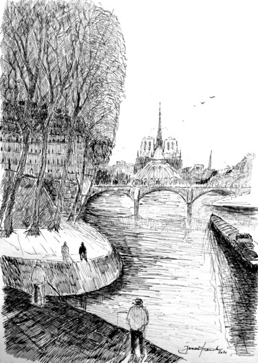Disegno intitolato "Paris et ses pêcheu…" da Franck Jamart, Opera d'arte originale, Inchiostro