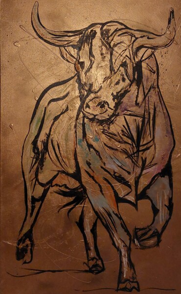 Painting titled "Taureau Or" by Franck Laruelle, Original Artwork, Ink Mounted on Wood Stretcher frame