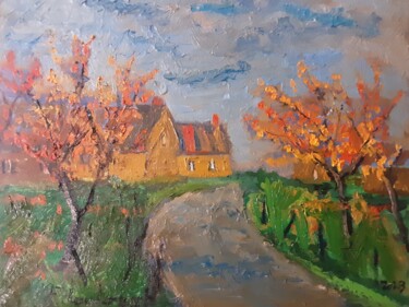 Peinture intitulée "Le hameau en automne" par Franck Lauterbach, Œuvre d'art originale, Huile