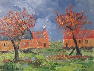 Peinture intitulée "Le hameau l'automne" par Franck Lauterbach, Œuvre d'art originale, Huile