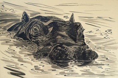 Dessin intitulée "Hippo" par Franck Marguerin, Œuvre d'art originale, Encre