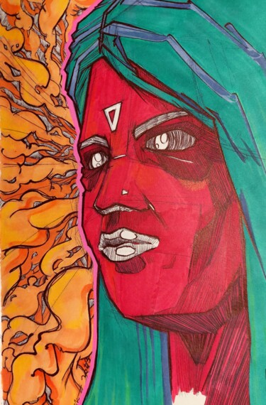 Dibujo titulada "The Red Girl" por Franck Renaud, Obra de arte original, Bolígrafo