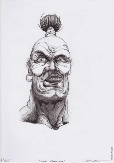 Drawing titled "The Wrestler" by Franck Renaud, Original Artwork, Ballpoint pen