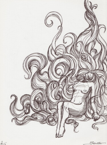 Drawing titled "Long Hair Girl" by Franck Renaud, Original Artwork, Ballpoint pen