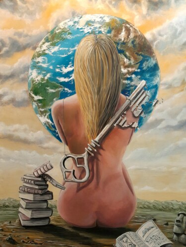 Malerei mit dem Titel "Les clefs de Gaia" von Franck Rosseeuw, Original-Kunstwerk, Öl