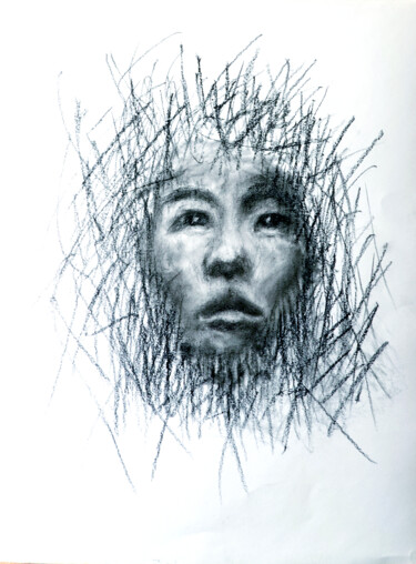 Рисунок под названием "visage asiatique" - Franck Sanz, Подлинное произведение искусства, Древесный уголь