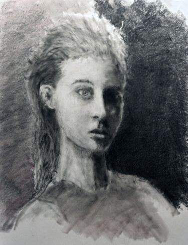 Drawing titled "Visage jeune femme" by Franck Sanz, Original Artwork, Charcoal