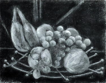 Zeichnungen mit dem Titel "Corbeille de fruits" von Franck Sanz, Original-Kunstwerk, Kohle