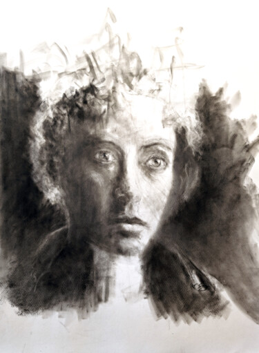 Drawing titled "Visage surpris" by Franck Sanz, Original Artwork, Charcoal