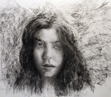 Drawing titled "Jeune fille" by Franck Sanz, Original Artwork, Charcoal