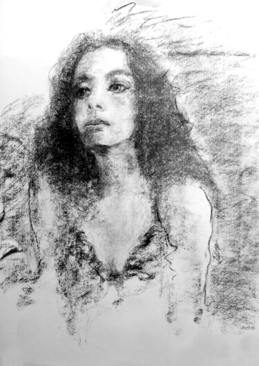 Drawing titled "Fille au chemisier" by Franck Sanz, Original Artwork, Charcoal