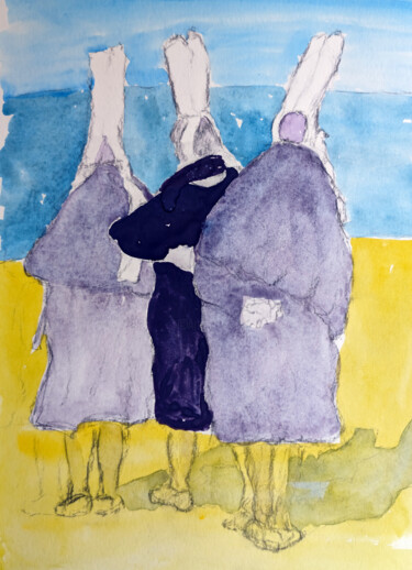 Painting titled "Trois bretonnes en…" by Franck Sanz, Original Artwork, Watercolor