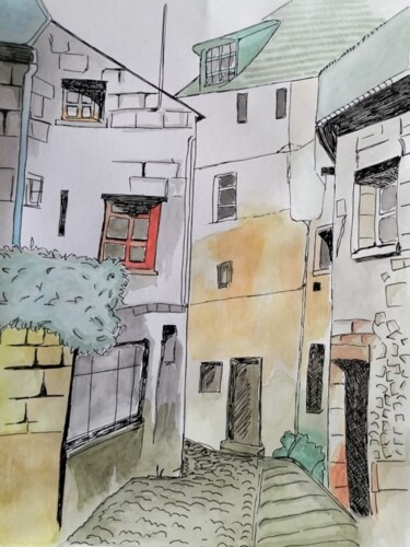 「Chinon vieille ville」というタイトルの絵画 Franck Schweitzerによって, オリジナルのアートワーク, 水彩画
