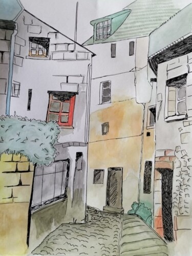 Painting titled "Chinon vieille ville" by Franck Schweitzer, Original Artwork, Watercolor