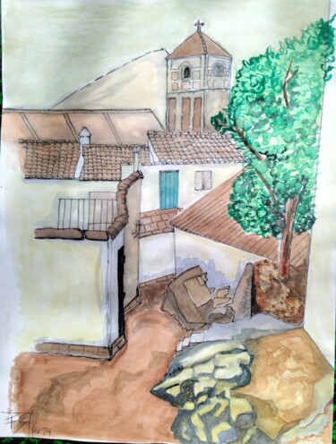 Painting titled "le clocher" by Franck Schweitzer, Original Artwork, Watercolor