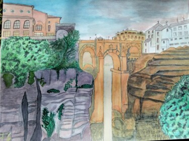 Painting titled "le pont de Ronda" by Franck Schweitzer, Original Artwork, Watercolor