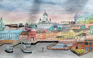 Painting titled "le port d'Helsinki" by Franck Schweitzer, Original Artwork, Watercolor