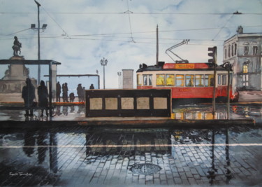 Painting titled "Tram à Lisboa- Coll…" by Franck Touratier, Original Artwork, Watercolor