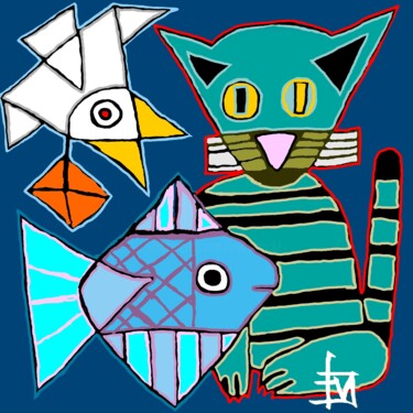 Arts numériques intitulée "mouette-chat-poisso…" par Franck Vidal, Œuvre d'art originale, Peinture numérique