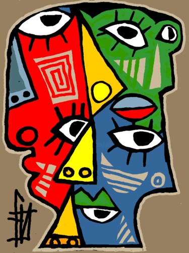 Arts numériques intitulée "têtes totem Césarien" par Franck Vidal, Œuvre d'art originale, Peinture numérique