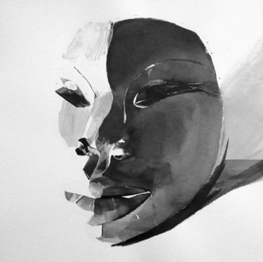 Malerei mit dem Titel "Masque" von Franck Le Boulicaut, Original-Kunstwerk, Tinte
