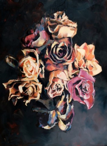 Painting titled "Roses fanées III" by Franck Le Boulicaut, Original Artwork, Oil