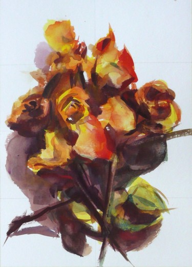 Painting titled "Roses fanées" by Franck Le Boulicaut, Original Artwork, Watercolor