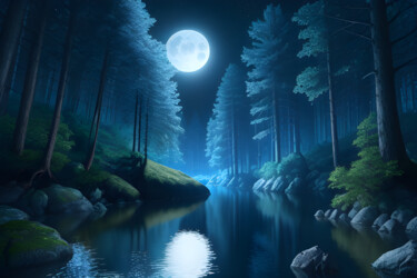 Digitale Kunst getiteld "Reflet de la Lune" door Francky Xv Wolff, Origineel Kunstwerk, AI gegenereerde afbeelding