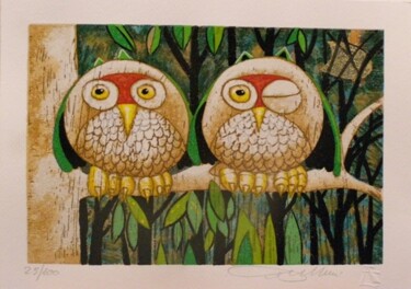 Pittura intitolato "little owls on the…" da Franco Anselmi, Opera d'arte originale, Olio