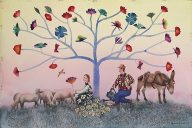 Pittura intitolato "Sotto un buon albero" da Franco Grobberio, Opera d'arte originale, Acquarello
