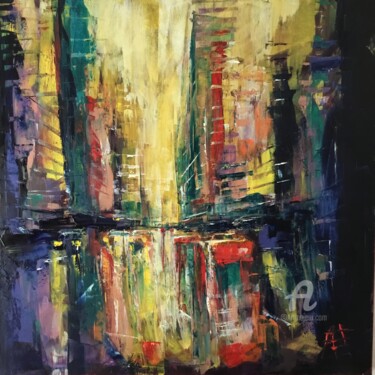 Painting titled "Electric City" by Francois Barroux, Original Artwork, Oil Mounted on Wood Stretcher frame