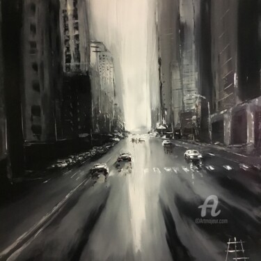 Painting titled "Sur la route" by Francois Barroux, Original Artwork, Oil Mounted on Wood Stretcher frame