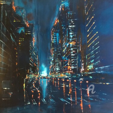 Painting titled "Night" by Francois Barroux, Original Artwork, Oil Mounted on Wood Stretcher frame