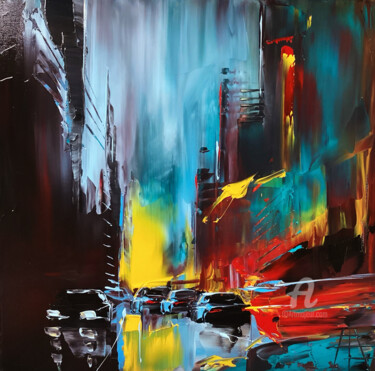 Painting titled "Litote city" by Francois Barroux, Original Artwork, Oil Mounted on Wood Stretcher frame
