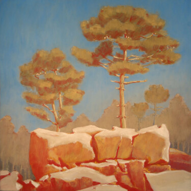 Painting titled "Rochers et pins au…" by François Cusson, Original Artwork, Pastel Mounted on Wood Panel