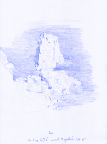 Dessin intitulée "Rochers au Cap Fréh…" par François Cusson, Œuvre d'art originale, Crayon Monté sur Plexiglas