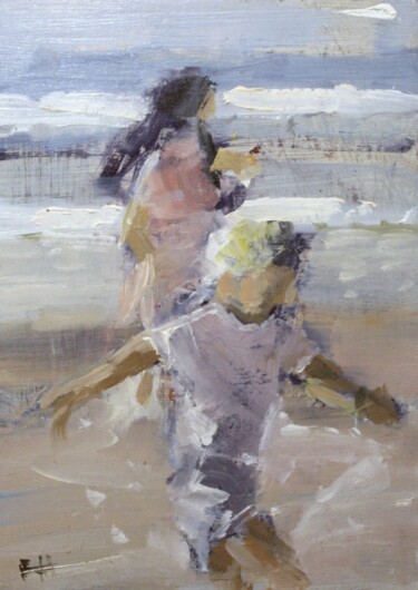 Painting titled "Playing on the shore" by Francois Hugard, Original Artwork, Oil