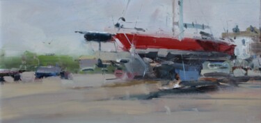 Schilderij getiteld "Boat Yard Paulliac…" door Francois Hugard, Origineel Kunstwerk, Olie