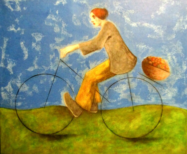 「La bicyclettiste」というタイトルの絵画 François Joseph Durandによって, オリジナルのアートワーク, アクリル