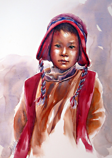 Pittura intitolato "enfant-tibet.jpg" da François Lanvin, Opera d'arte originale, Acquarello
