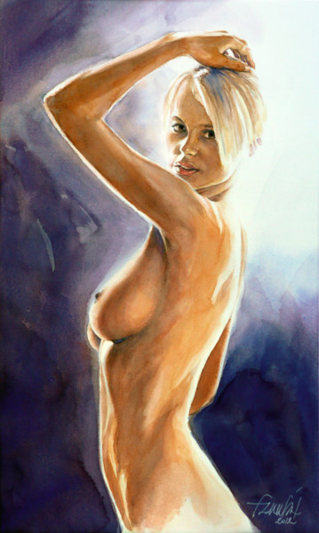 Painting titled "nu-blonde-contre-jo…" by François Lanvin, Original Artwork, Watercolor